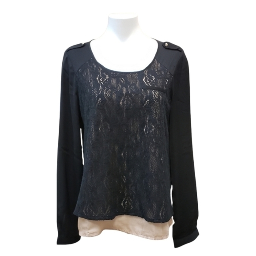 The Cue by Cher Qu Black Lace Blouse Blush Lining sz M